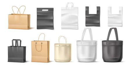 Shopping bags. Realistic canvas, plastic and paper bags with handles, white, black and natural beige colors mockups, blank isolated templates for branding, store purchase wrapping, vector setのイラスト素材