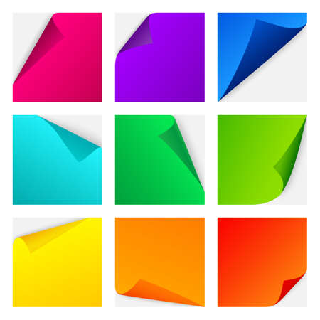 Color paper curl stickers. Realistic bright pages for notes with curving corners, different colors paper pieces for memo writes, empty mockup, school and office stationery vector isolated setのイラスト素材