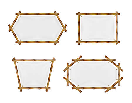 Bamboo banners. Different shapes realistic frame with stretched white fabric, rustic empty advertising canvases, tied reed stems, posters with copy space, vector isolated setのイラスト素材