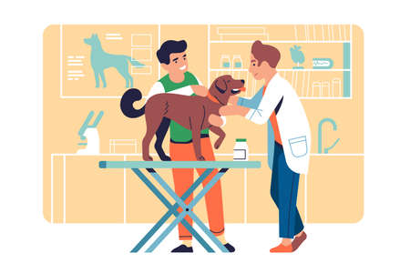 Veterinarian examining pet. Doctor treats dog. Animal helping service. Owner with puppy in clinic. Specialist checking up four legged friend health on vet table. Vector veterinary conceptのイラスト素材