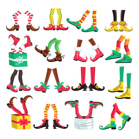 Elves feet. Different color gnomes boots, magic shoes, christmas creatures fairy little troll legs, striped tights and buckles, traditional winter holidays colors, vector flat cartoon setのイラスト素材