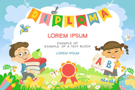 Kids school certificate. Diploma design mockup for year end. Pupils with big books. Graduation letter with copy space. Funny children in lawn. Students or preschools. Vector conceptのイラスト素材