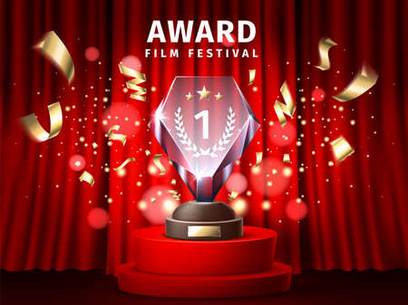Award ceremony poster. Realistic podium with trophy on red background. Reward statuette. Film festival first place of nomination. Curtain and confetti. Best movie cup. Vector conceptのイラスト素材