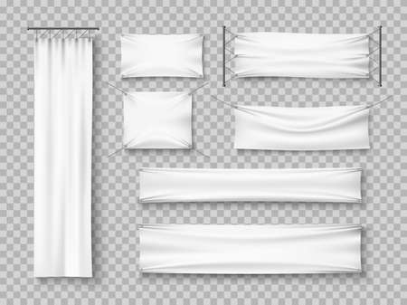 Blank textile banners. Realistic white fabric stretch posters, horizontal and vertical advertising and event announcement mockup. Empty fabric advertising flags. Vector setのイラスト素材