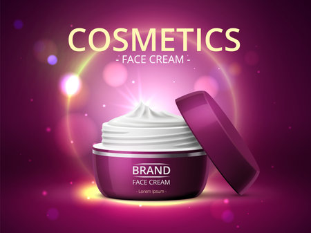 Cosmetic cream poster. Face skin care jar beauty product, advertising banner design, glow backdrop, realistic open luxury blank container template, skin body care advertising vector conceptのイラスト素材