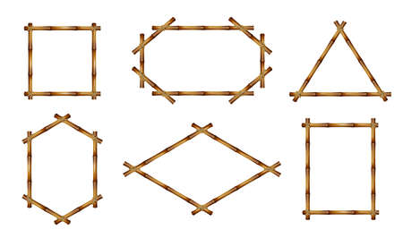 Bamboo frames. Realistic natural rustic decor, brown construction from stems, different shapes wooden empty borders fastened with rope, isolated on white background elements, vector setのイラスト素材