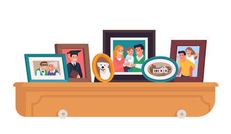 Family standing photos. Framed people portraits on dresser. Photographs of parents and grandparents with kids or pet. Relatives and home snapshot in decorative frameworks. Vector conceptのイラスト素材