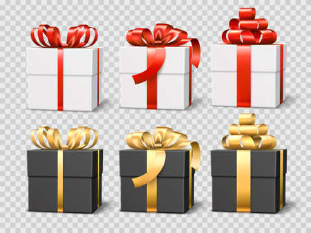 Black and white gift boxes. Realistic birthday and xmas present mockup isolated on transparent background, red and gold satin ribbons and bows, side and angle view holiday wrap. Vector setのイラスト素材