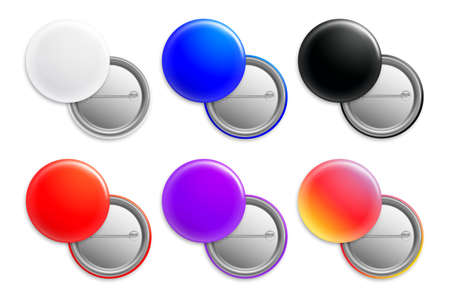 Realistic color pin badges. Round bright icons. Plastic button with metal clasp. Glossy multicolored...