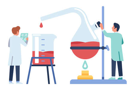 Scientist working. Chemist experience and new vaccine development. Researcher mixes reagents in pharmacy lab. People with laboratory burner and test tubes. Vector scientific experimentのイラスト素材