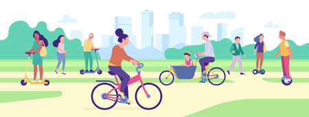 People ride transport in park. Dwellers drive eco vehicles. Cycle riders. Men and women moving electric scooters. Summer recreation. Outdoors activity. Urban traffic. Vector conceptのイラスト素材