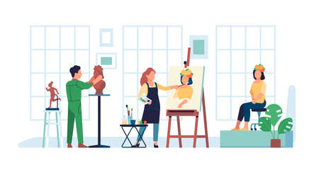 Artist workshop. Creative workspace. Art class. Model poses for painter and sculptor. People hobby and profession. Man and woman working in studio. Artwork creating. Vector conceptのイラスト素材
