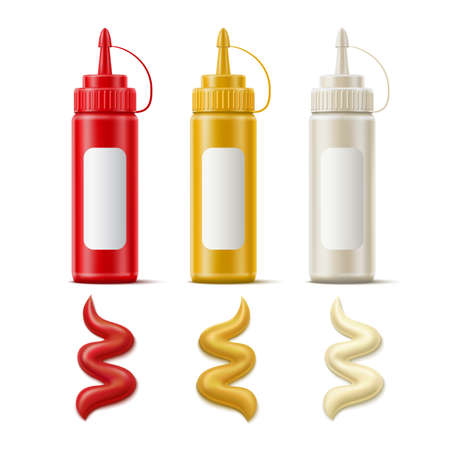 Plastic sauce bottles. Realistic mayonnaise and mustard containers dispensers. Ketchup isolated packaging with labels. Liquid condiments squeezed trickles. Vector snack dressings setのイラスト素材