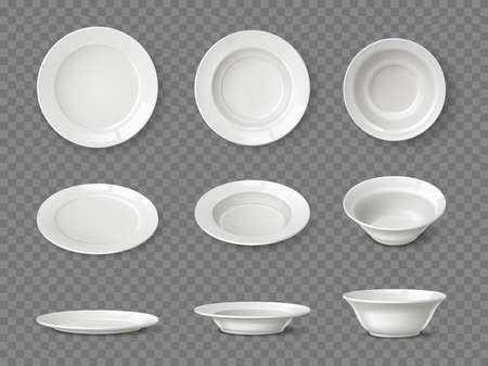 Realistic white plates. Different view angles ceramic dishes. 3D tableware clear mockup. Isolated porcelain bowls. Food pottery objects. Home or restaurant dishware. Vector utensil setのイラスト素材