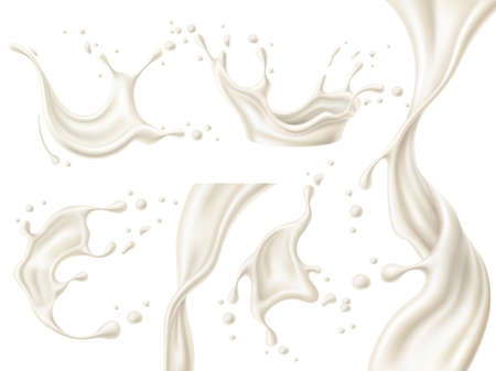 Realistic milk splashes. Liquid cream and yogurt whirlpool with drops. Drink crowns. Swirl shape streams. White flow elements. Pouring beverage. Vector dairy products splatters setのイラスト素材