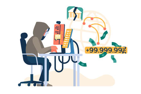 Hacker work. Digital thief and fraudster hacks banking protection. Masked man behind monitors. Cyber...