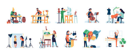 People hobbies and professions. Crafts masters working in workshops. Sculptor, carpenter and...
