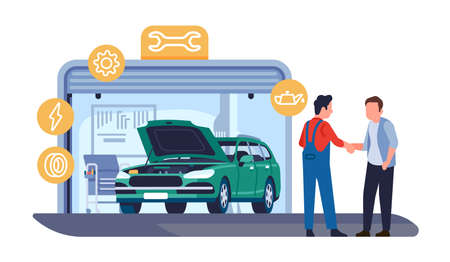 Garage car service. Master in uniform with client. Technical auto inspection. Tuning mechanics and part replacement. Private automobile repair shop. Vector transport workshop conceptのイラスト素材