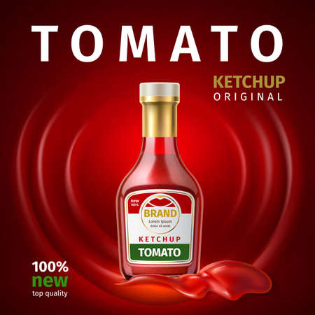 Realistic tomato sauce packing poster. 3D bottle with ketchup. Advertisement banner design. Liquid vegetable dressing. Blank closed container. Food package for branding. Vector conceptのイラスト素材