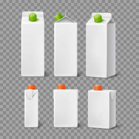 Drink carton packaging. Realistic milk or cream boxes. Lactic and fruits beverages cardboard bottles. Containers different view angles. Blank mockup for branding. Vector package setのイラスト素材