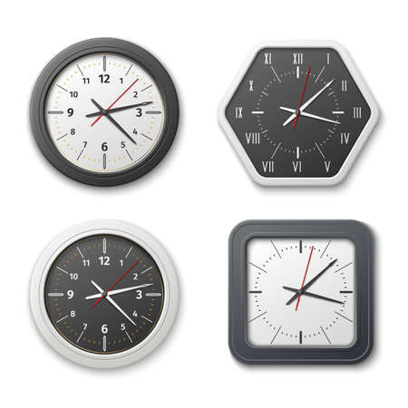 Realistic wall clock. Different watch faces. Square, round or polygonal frames. Isolated timepieces with hands. Various colors chronometer dials. Vector time measuring equipment setのイラスト素材