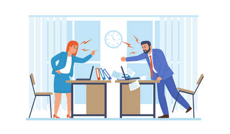 Quarreling employees. Office workers fighting and screaming. Colleagues conflict. People aggressive argue and shout. Communication confrontation and misunderstanding. Vector conceptのイラスト素材
