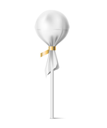 Candy wrapper. Realistic lollipop on stick, white empty paper and golden ribbon, plastic packaging, sugar food delicious kids products blank mockup. Marketing branding vector elementのイラスト素材