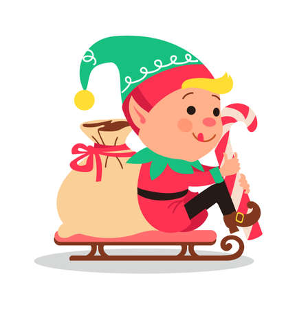 Christmas elf. Santa Claus helper. Cartoon gnome sitting on sled with bag of gifts. Xmas and New Year celebration. Fairy tale kid character. Winter holiday. Vector isolated funny dwarfのイラスト素材