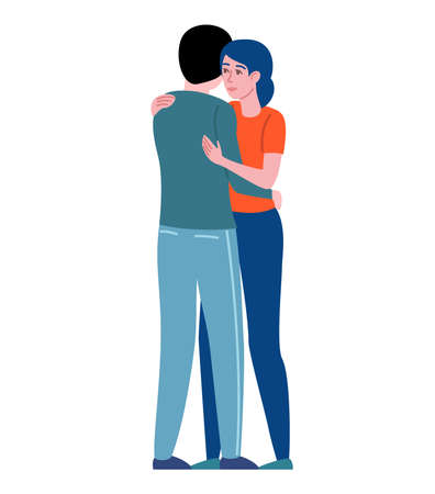 Greeting people. Man and woman hugging, friends together, boyfriend and girlfriend romantic relationships. Greet and goodbye gesture. Vector cartoon flat isolated illustrationのイラスト素材
