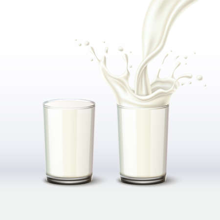 Realistic milk glass. 3D milkshake splash. Organic nutritious drink. Dairy product. Full liquid cream cup. Pouring milky stream with drops. Fluid yogurt flow template. Vector conceptのイラスト素材