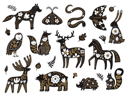 Scandinavian flowers animals. Folklore Nordic woodland elements. Fauna patterned totem templates. Black silhouettes with floral ornaments. Plant leaves. Vector forest creatures setのイラスト素材