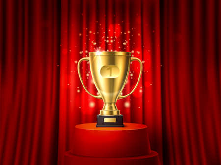 Golden cup with curtain. Realistic champion goblet on red pedestal. Award ceremony. Draped velvet fabric. First place trophy. Winning prizes with sparkling glitters. Vector conceptのイラスト素材