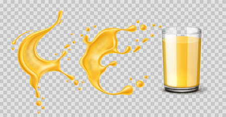 Orange juice splash with drops. Realistic yellow fresh fruits drink. 3D glass with liquid. Pineapple and mango beverage. Curve fluid splatter templates. Vector smoothie elements setのイラスト素材