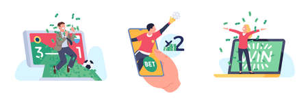 People sports betting. Online bookmaking scenes. Gambling players. Women and men throw banknotes. Big win and happy winners. Mobile application for bet makers. Match score. Vector conceptのイラスト素材