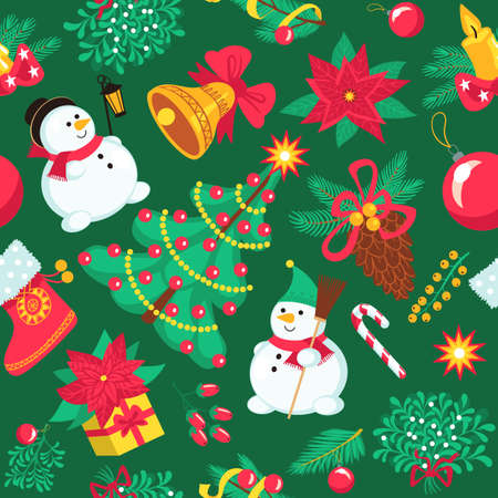 Seamless Christmas pattern. Holiday New Year background. Winter poinsettia flowers or mistletoe branches. Xmas trees and snowmen. Childish festive motif print. Vector gifts wrapping paperのイラスト素材