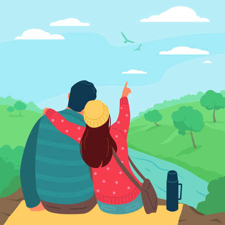 Back view hugging couple. Lovers sitting and embrace. People admiring nature on picnic. Romantic atmosphere. Guy and girl walking outdoor. Travelers looking into distance. Vector conceptのイラスト素材