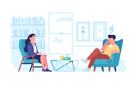 Psychologist individual consultation. Patient and doctor in specialist office, emotional problems solving, work on yourself, mental health treatment, vector cartoon flat isolated conceptのイラスト素材