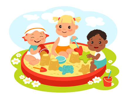 Kids in sandbox. Children play with plastic sand molds and scoops. Cute babies with buckets or toys. Infants outdoor game. Summer leisure. Funny toddlers activity. Vector playground conceptのイラスト素材