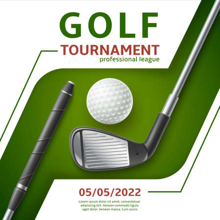 Golf tournament poster. Realistic ball and club. Sports game invitation banner. Retro design with play accessories. Professional league. Competition announcement banner. Vector conceptのイラスト素材