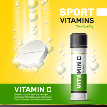 Realistic vitamins poster. Effervescent water soluble tablets. Multivitamins pills packaging. Air bubbles. Decay reaction. Dissolving drug. Vector sport medication advertising bannerのイラスト素材