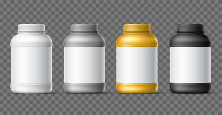 Protein container mockup. Realistic black, silver and gold plastic jars, white blank labels, cans with sport supplements, fitness nutrition packaging, workout food, vector isolated setのイラスト素材