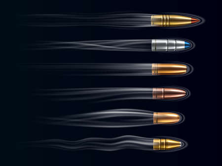 Flying bullet traces. Realistic pistol projectiles. Weapon shot. Visible path and fast motion effects. Cartridge trails. Spiral flows. Ammunition caliber. Vector gunfire templates setのイラスト素材
