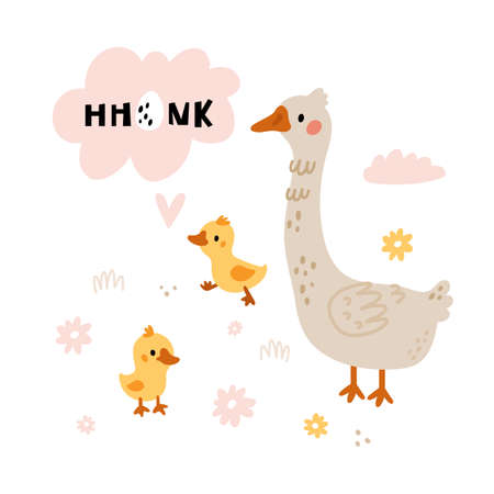 Animal talks. Cute goose with goslings. Parent and children. Funny domestic birds sounds. Farm characters communications. Poultry onomatopoeia. Creatures noise. Vector doodle conceptのイラスト素材