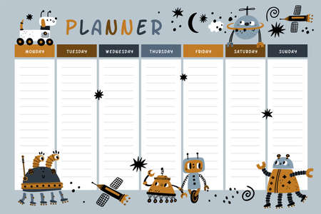 Robots weekly planner. Funny kids education. Lesson schedule with cyborgs design. Week timetable blank template. Boys decor. School personal organizer. Cartoon robotic toys. Vector conceptのイラスト素材