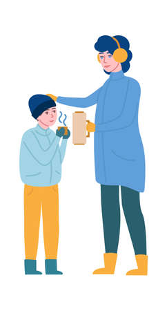 Mother giving frozen child hot drink. Kid holding cup of tea. Woman holding vacuum flask. Warming in cold weatherのイラスト素材
