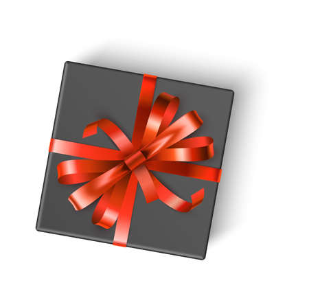 Black gift box with red bow. Top view realistic presentのイラスト素材