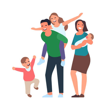 Happy family standing together. Fun cartoon children and parentsのイラスト素材