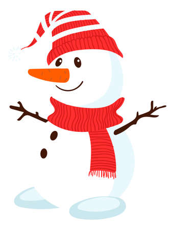 Cute snowman in striped hat and red scarf. Smiling cartoon characterのイラスト素材