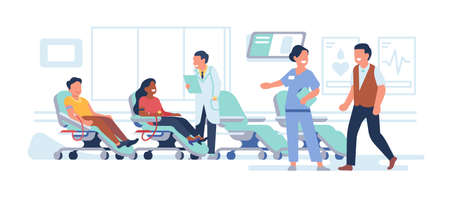 Donor room. Laboratory blood and plasma collection, medical chairs with people, doctors and nurses help volunteers, humanitarian help and charity, donation vector cartoon flat isolated setのイラスト素材