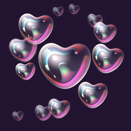 Heart soap deformed bubbles. Realistic 3D transparent shapes. Rainbow divorces. Flying love symbols....